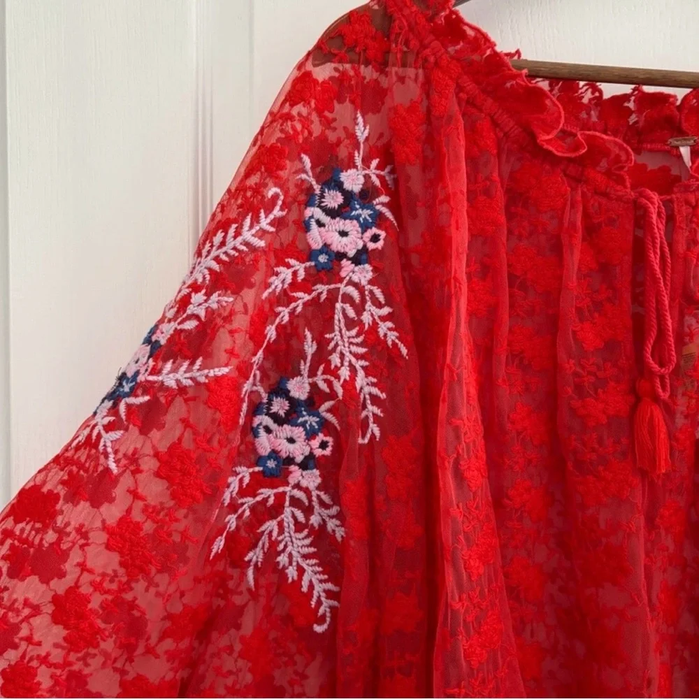 Free People Top Jubilee Floral Embroidered Blouse NWT Red - Picture 6 of 10